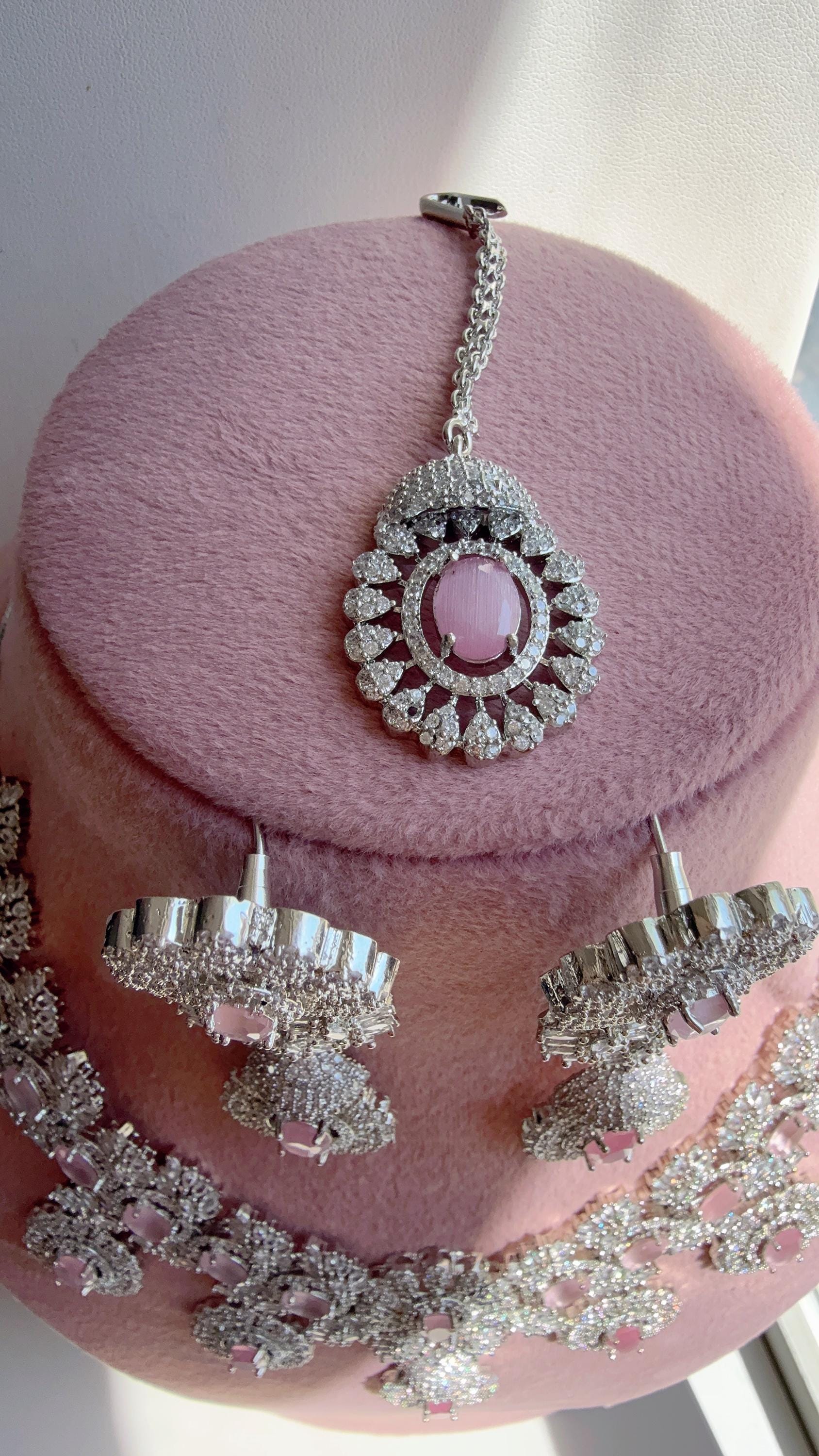 Baby Pink Rhodium Bridal Necklace Set with Earrings and Maang Tikka | CZ Indian Wedding Jewelry | Statement Necklace - Kajol