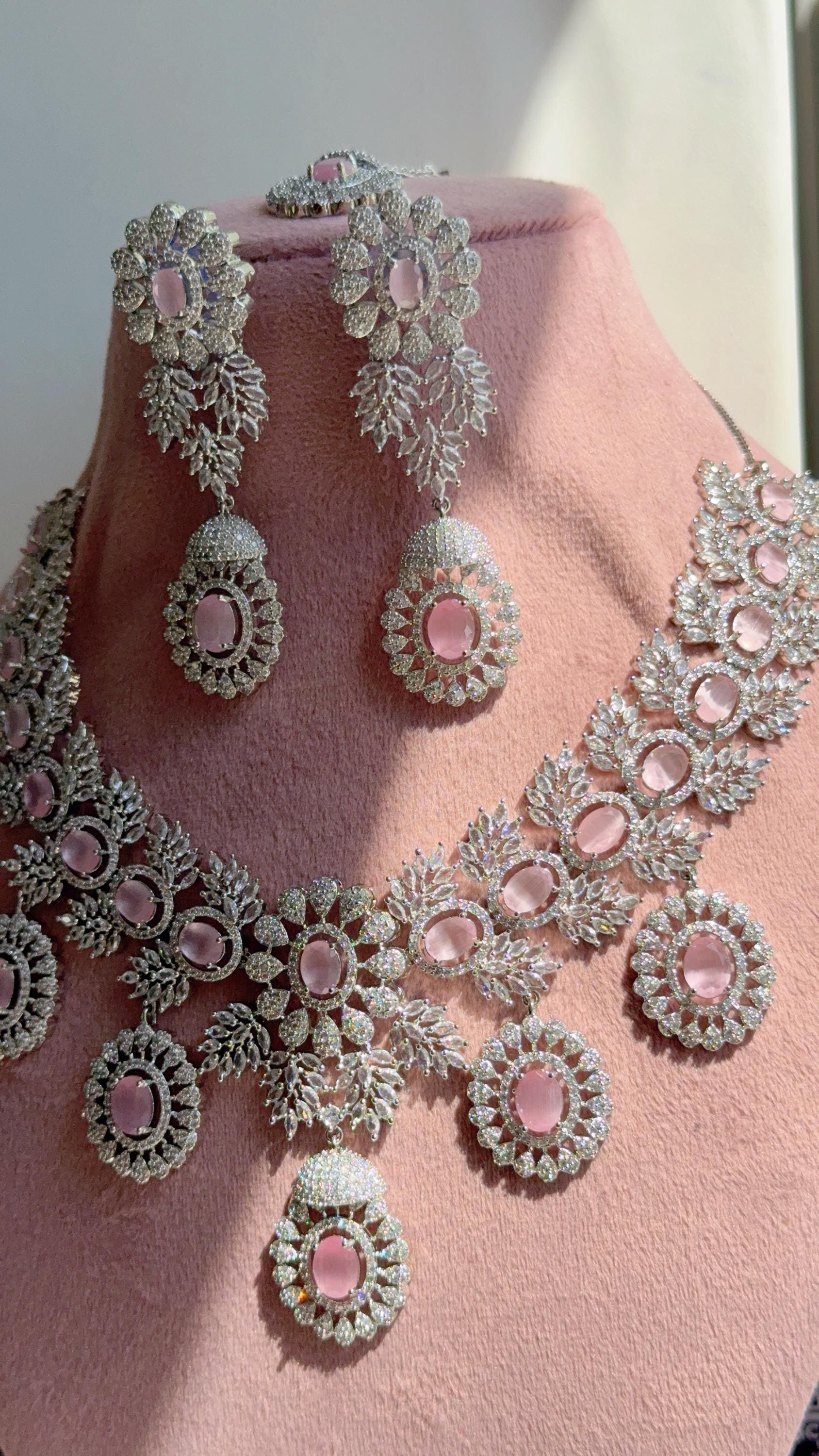 Baby Pink Rhodium Bridal Necklace Set with Earrings and Maang Tikka | CZ Indian Wedding Jewelry | Statement Necklace - Kajol