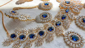 Blue 2 Tone Bridal Necklace Set with Earrings and Maang Tikka | CZ Indian Wedding Jewelry | Statement Necklace - Kajol