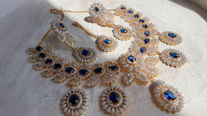 Blue 2 Tone Bridal Necklace Set with Earrings and Maang Tikka | CZ Indian Wedding Jewelry | Statement Necklace - Kajol