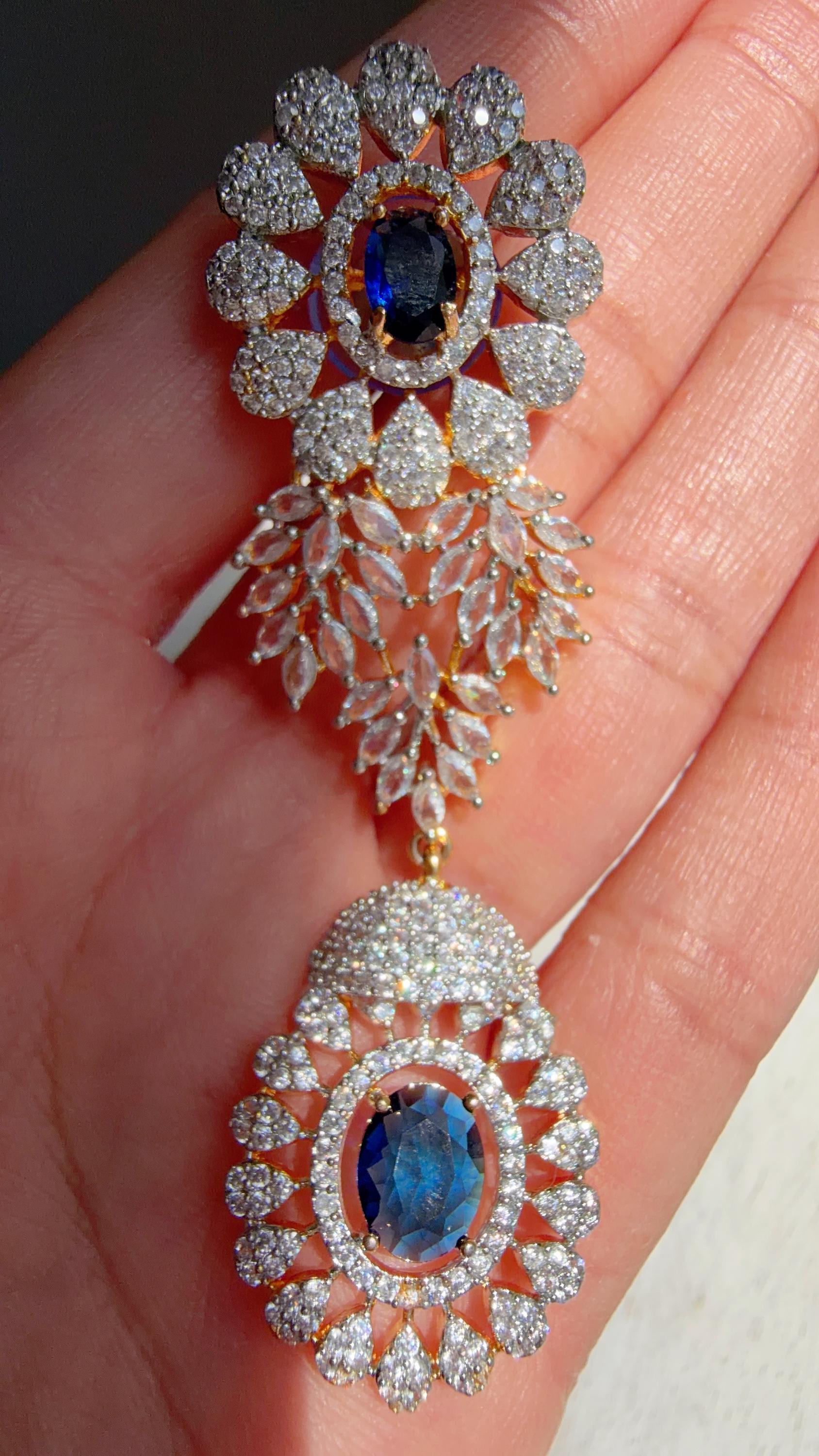 Blue 2 Tone Bridal Necklace Set with Earrings and Maang Tikka | CZ Indian Wedding Jewelry | Statement Necklace - Kajol