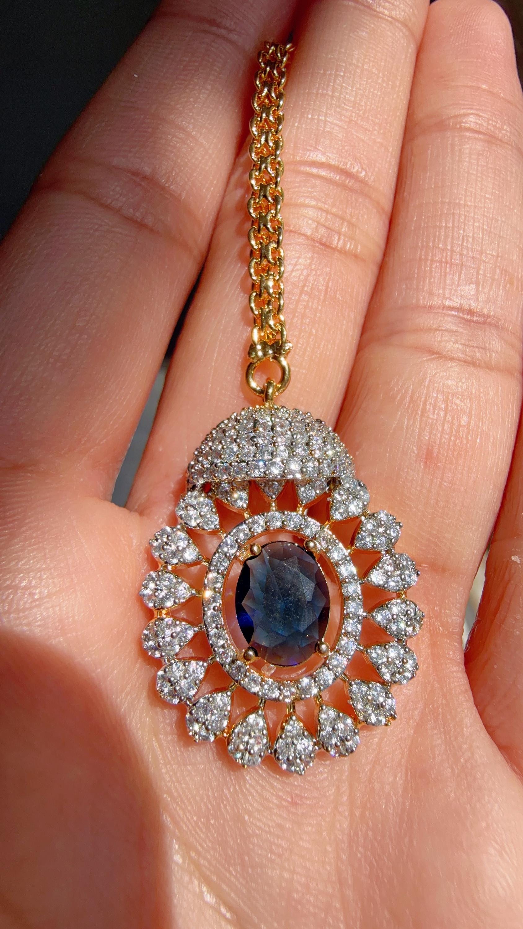 Blue 2 Tone Bridal Necklace Set with Earrings and Maang Tikka | CZ Indian Wedding Jewelry | Statement Necklace - Kajol