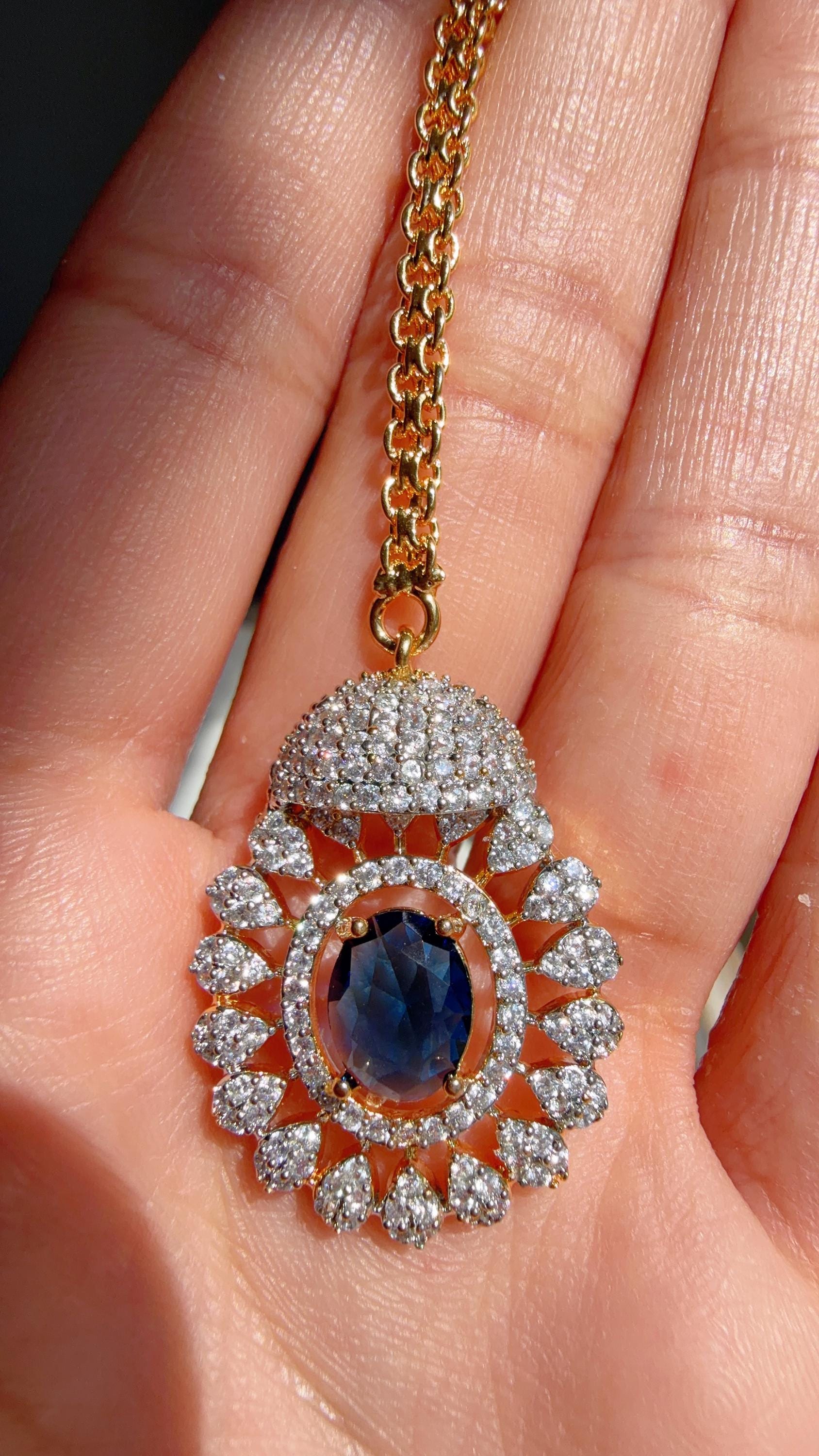 Blue 2 Tone Bridal Necklace Set with Earrings and Maang Tikka | CZ Indian Wedding Jewelry | Statement Necklace - Kajol