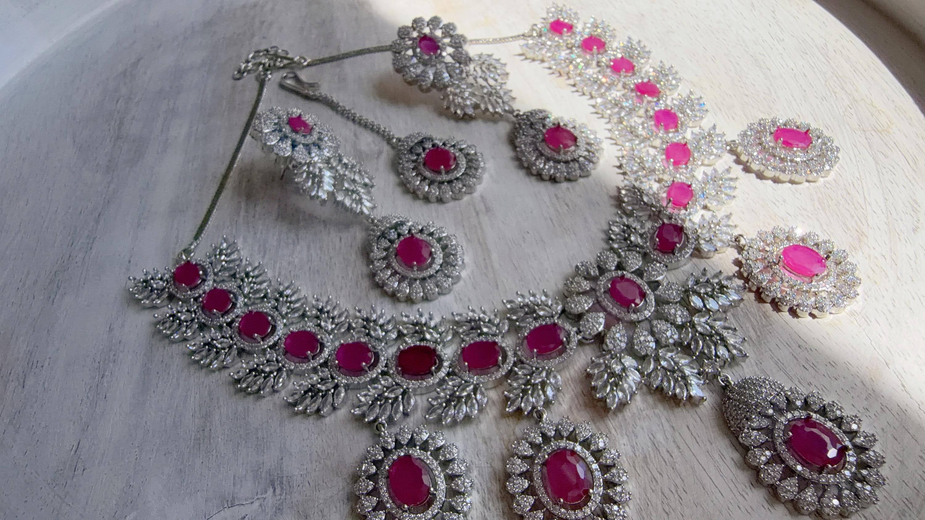 Pink Rhodium Bridal Necklace Set with Earrings and Maang Tikka | CZ Indian Wedding Jewelry | Statement Necklace - Kajol