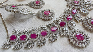 Pink Rhodium Bridal Necklace Set with Earrings and Maang Tikka | CZ Indian Wedding Jewelry | Statement Necklace - Kajol