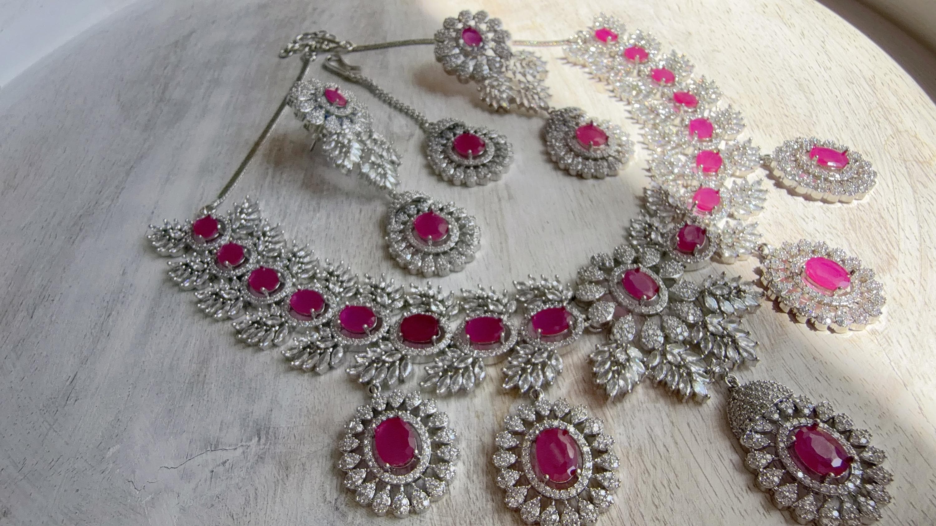 Pink Rhodium Bridal Necklace Set with Earrings and Maang Tikka | CZ Indian Wedding Jewelry | Statement Necklace - Kajol
