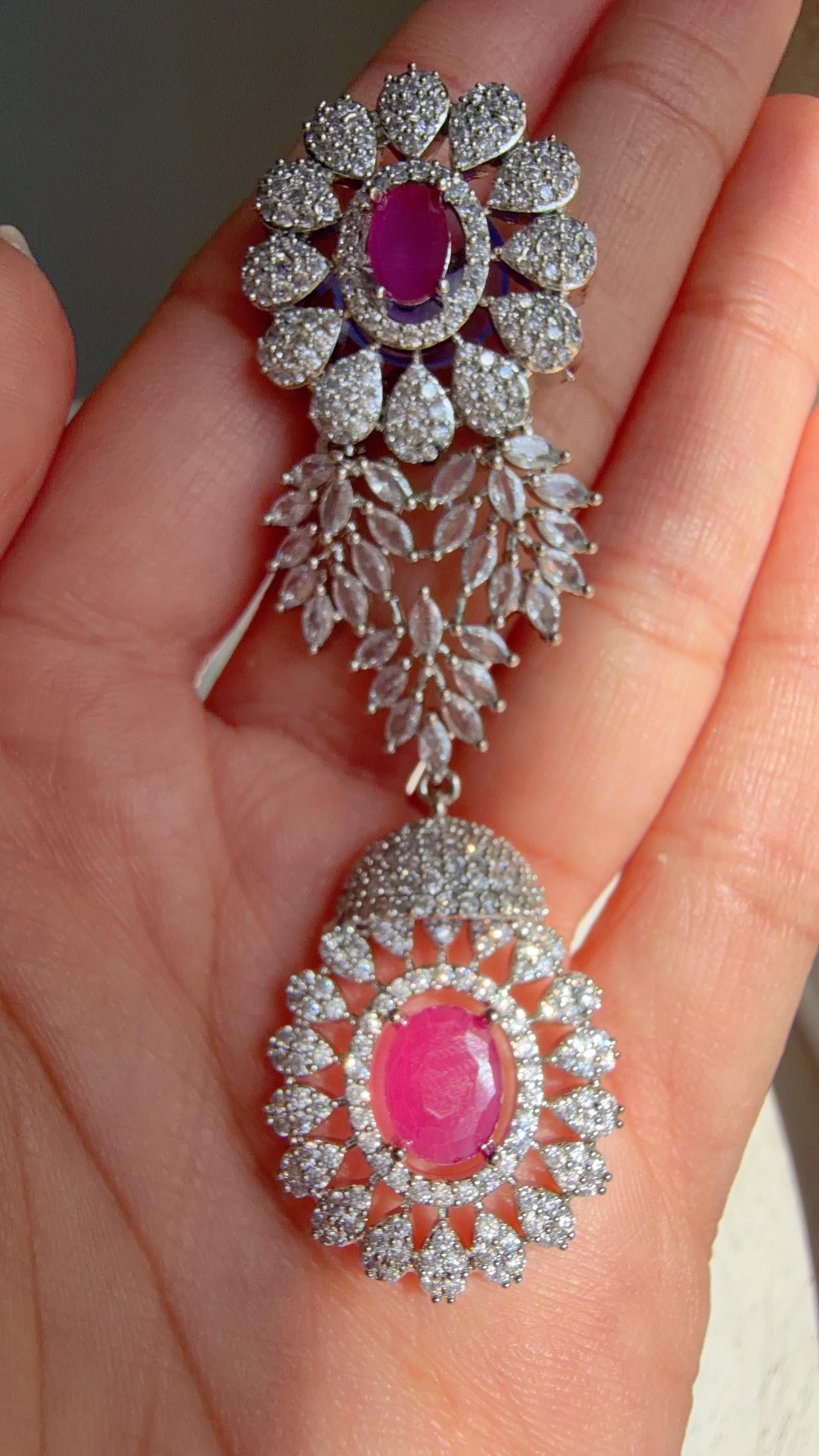 Pink Rhodium Bridal Necklace Set with Earrings and Maang Tikka | CZ Indian Wedding Jewelry | Statement Necklace - Kajol
