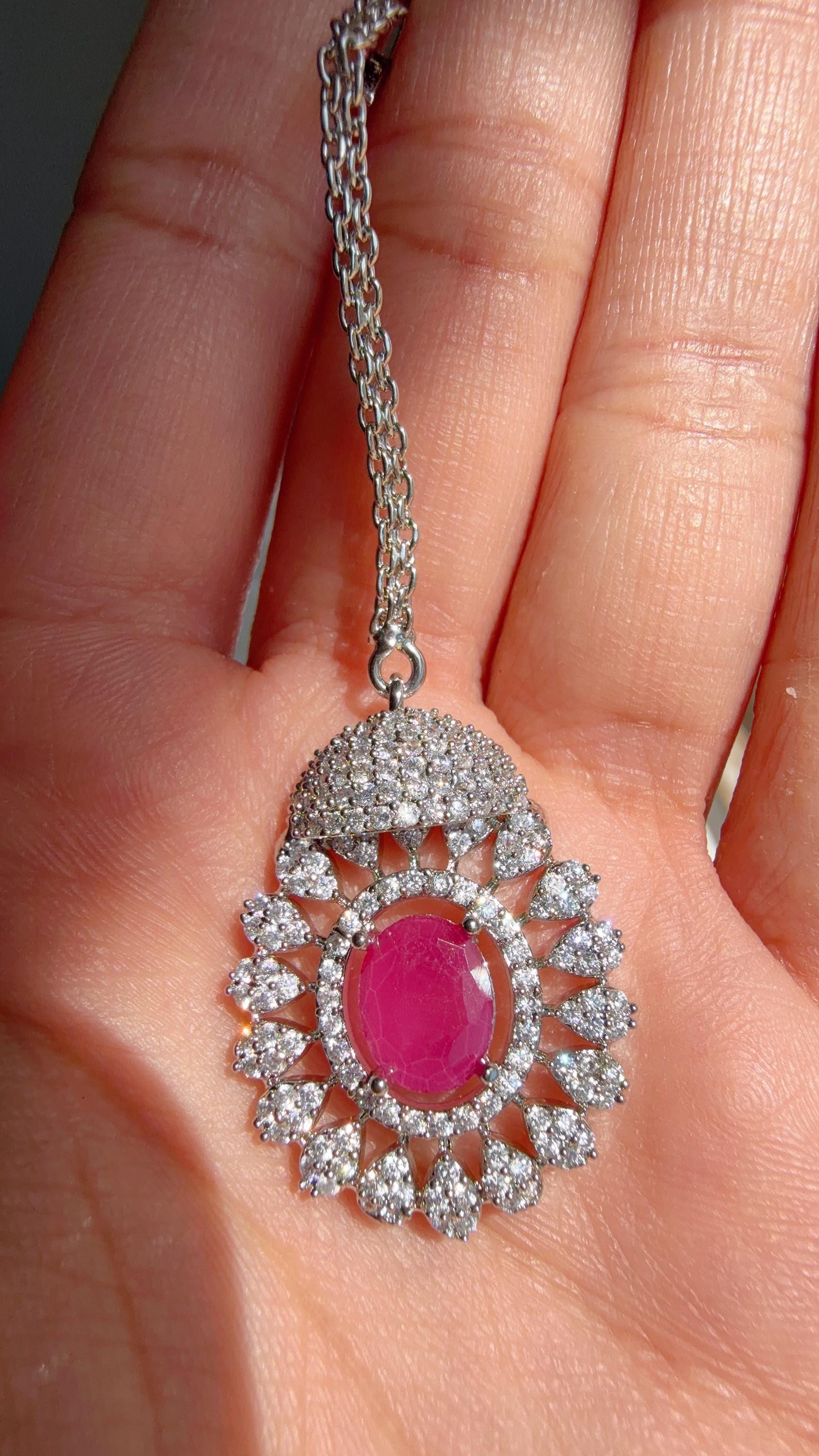 Pink Rhodium Bridal Necklace Set with Earrings and Maang Tikka | CZ Indian Wedding Jewelry | Statement Necklace - Kajol