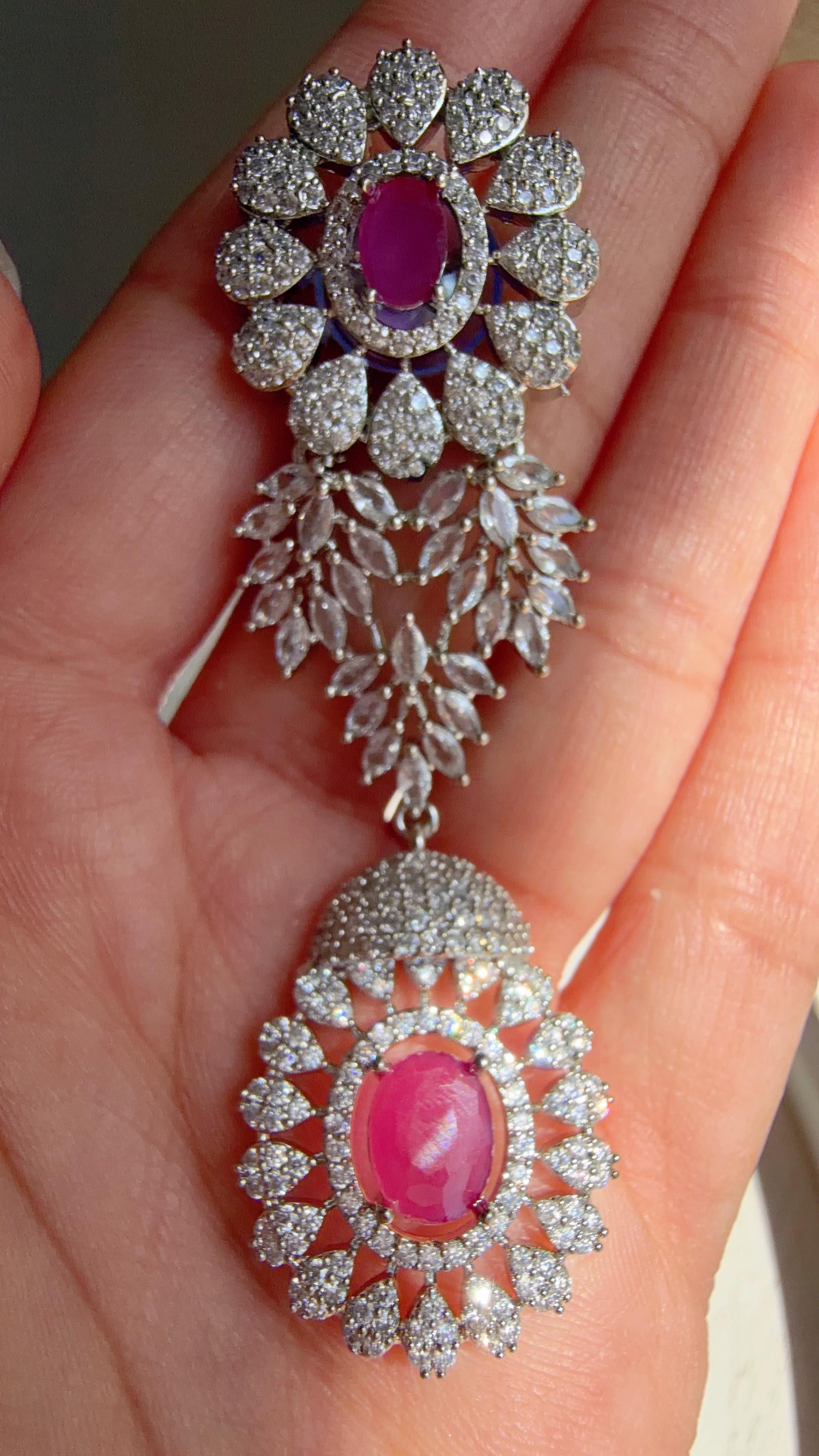 Pink Rhodium Bridal Necklace Set with Earrings and Maang Tikka | CZ Indian Wedding Jewelry | Statement Necklace - Kajol