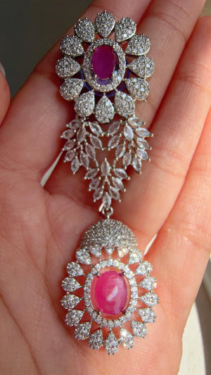 Pink Rhodium Bridal Necklace Set with Earrings and Maang Tikka | CZ Indian Wedding Jewelry | Statement Necklace - Kajol