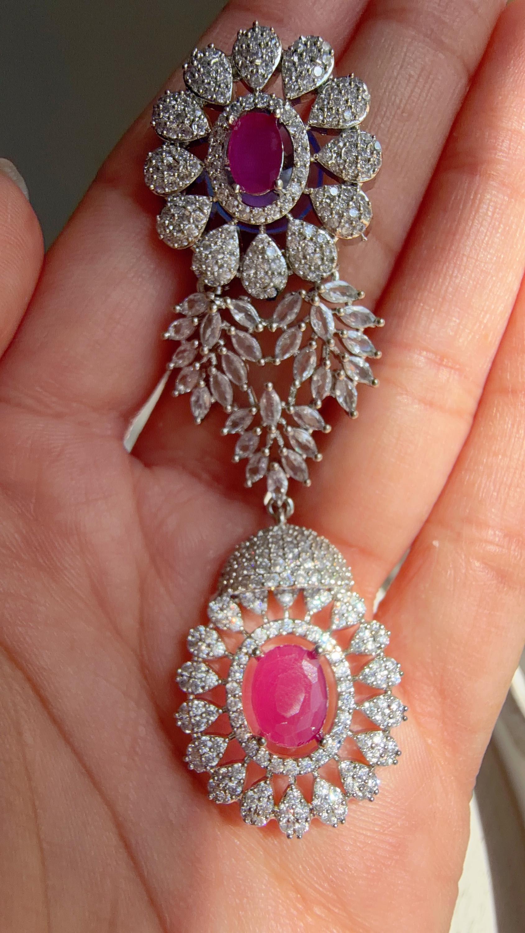 Pink Rhodium Bridal Necklace Set with Earrings and Maang Tikka | CZ Indian Wedding Jewelry | Statement Necklace - Kajol