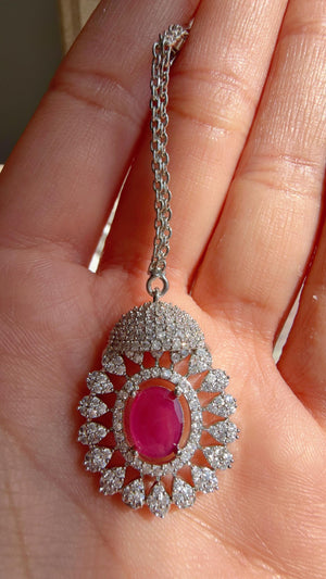 Pink Rhodium Bridal Necklace Set with Earrings and Maang Tikka | CZ Indian Wedding Jewelry | Statement Necklace - Kajol