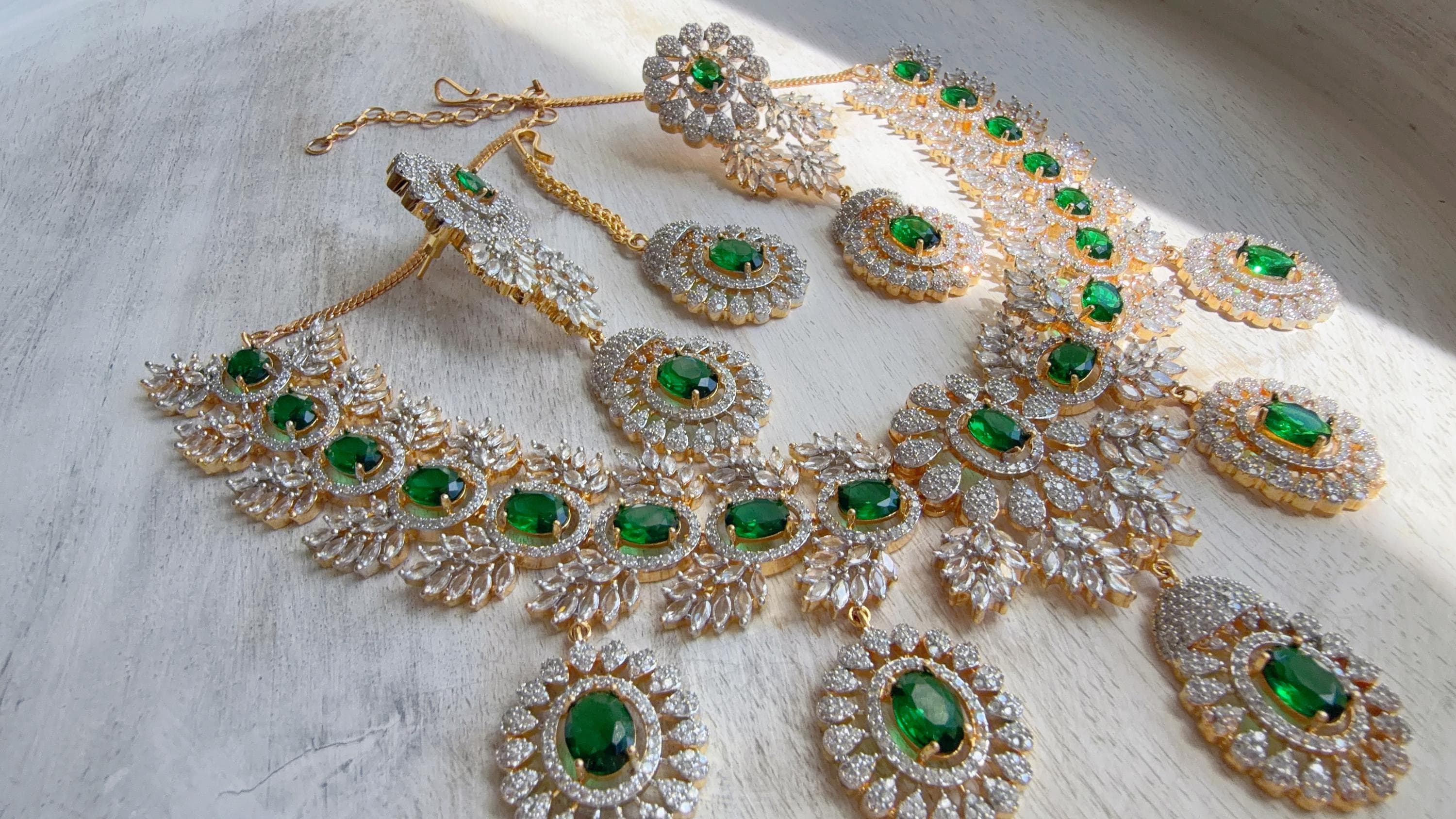 Emerald Green 2 Tone Bridal Necklace Set with Earrings and Maang Tikka | CZ Indian Wedding Jewelry | Statement Necklace - Kajol