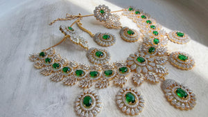 Emerald Green 2 Tone Bridal Necklace Set with Earrings and Maang Tikka | CZ Indian Wedding Jewelry | Statement Necklace - Kajol