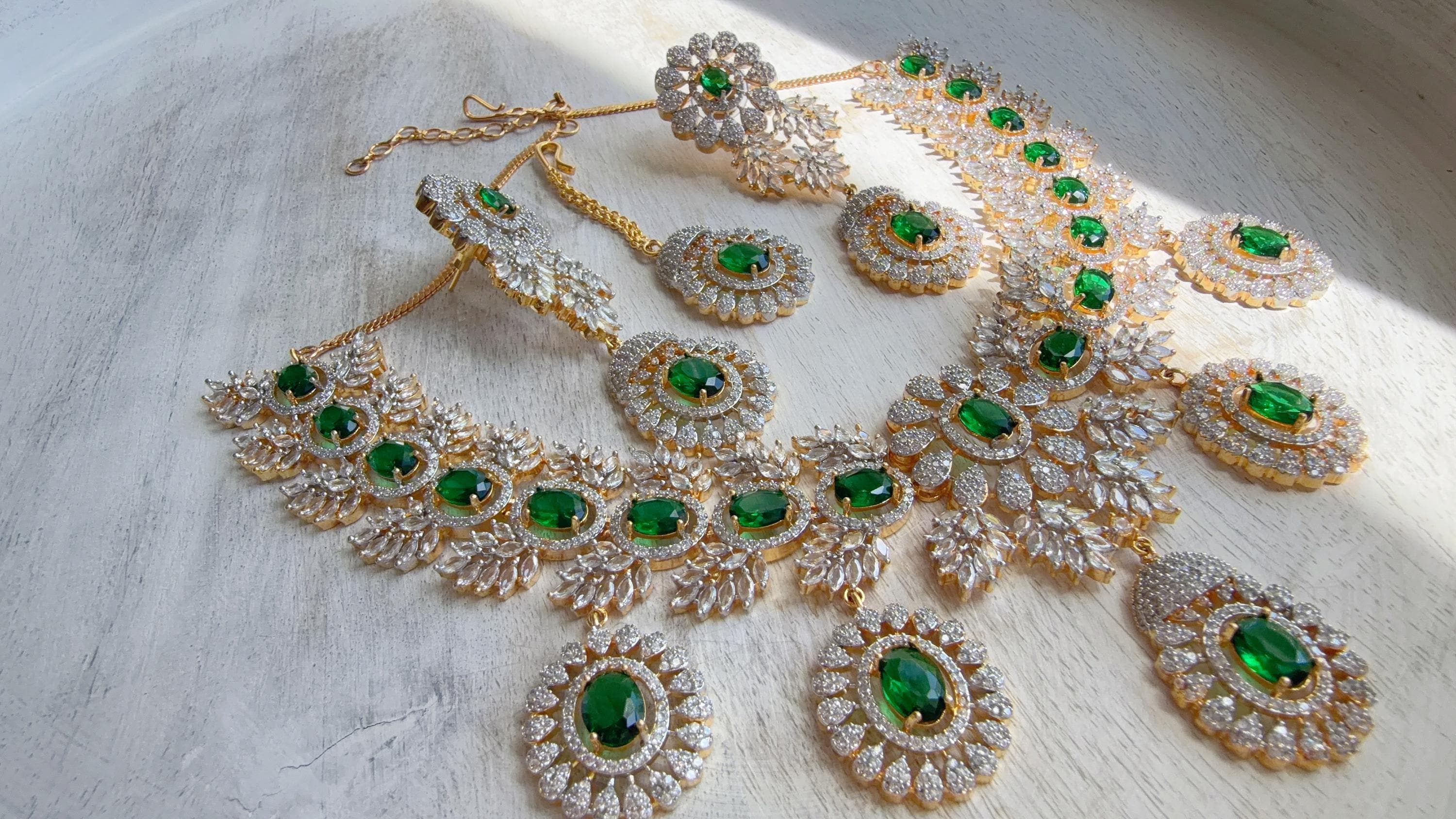 Emerald Green 2 Tone Bridal Necklace Set with Earrings and Maang Tikka | CZ Indian Wedding Jewelry | Statement Necklace - Kajol