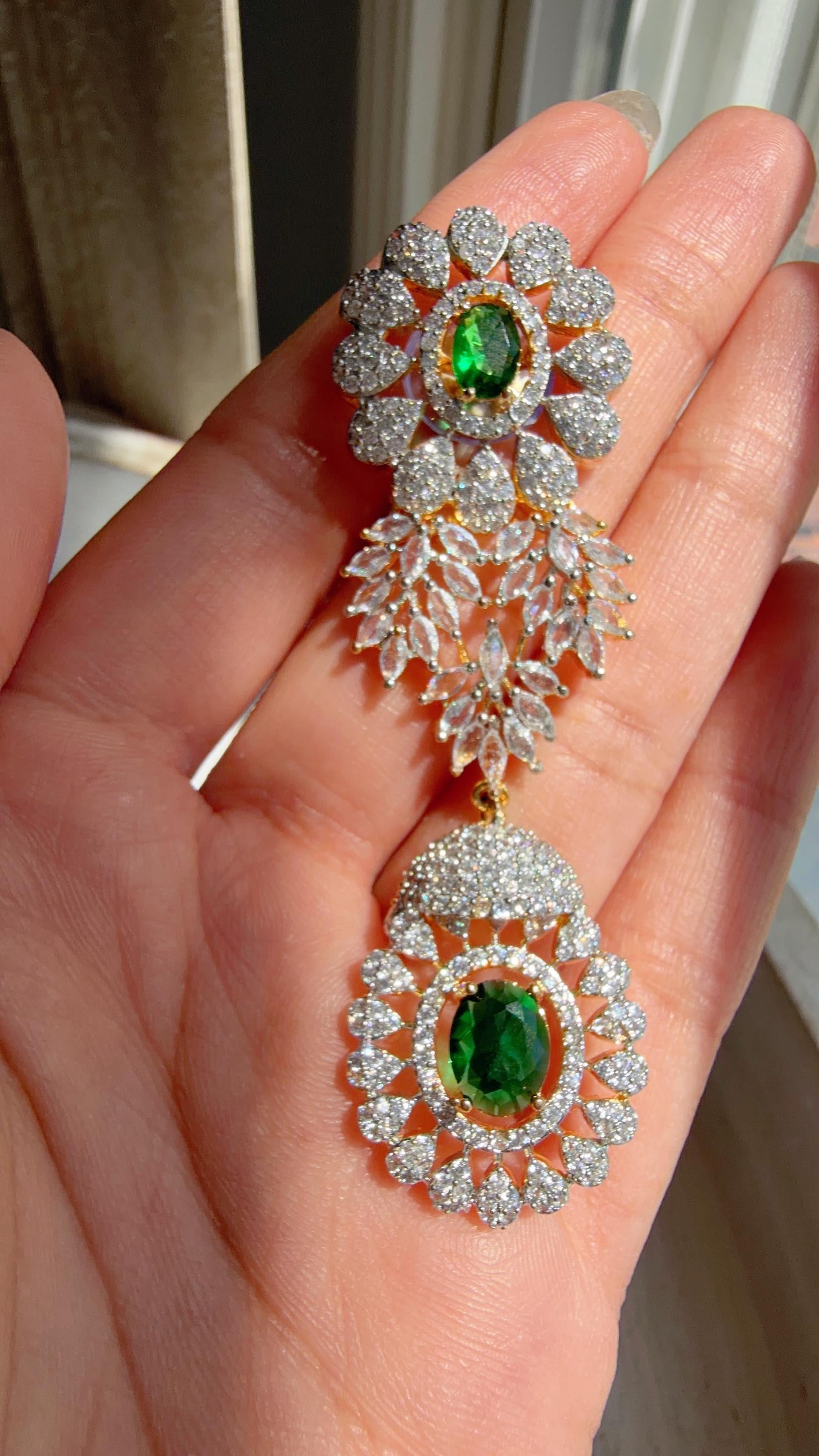 Emerald Green 2 Tone Bridal Necklace Set with Earrings and Maang Tikka | CZ Indian Wedding Jewelry | Statement Necklace - Kajol