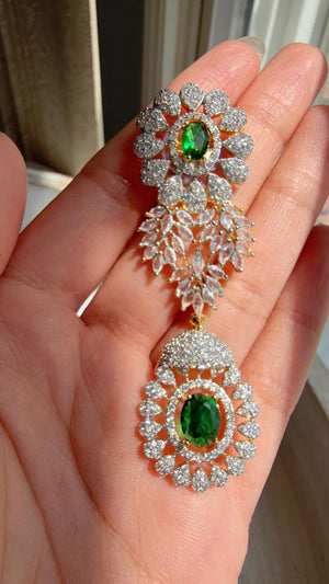 Emerald Green 2 Tone Bridal Necklace Set with Earrings and Maang Tikka | CZ Indian Wedding Jewelry | Statement Necklace - Kajol