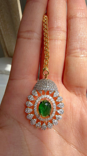 Emerald Green 2 Tone Bridal Necklace Set with Earrings and Maang Tikka | CZ Indian Wedding Jewelry | Statement Necklace - Kajol
