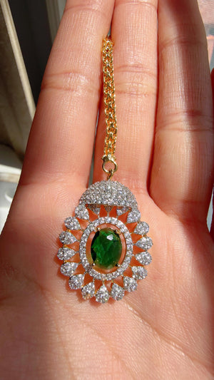 Emerald Green 2 Tone Bridal Necklace Set with Earrings and Maang Tikka | CZ Indian Wedding Jewelry | Statement Necklace - Kajol