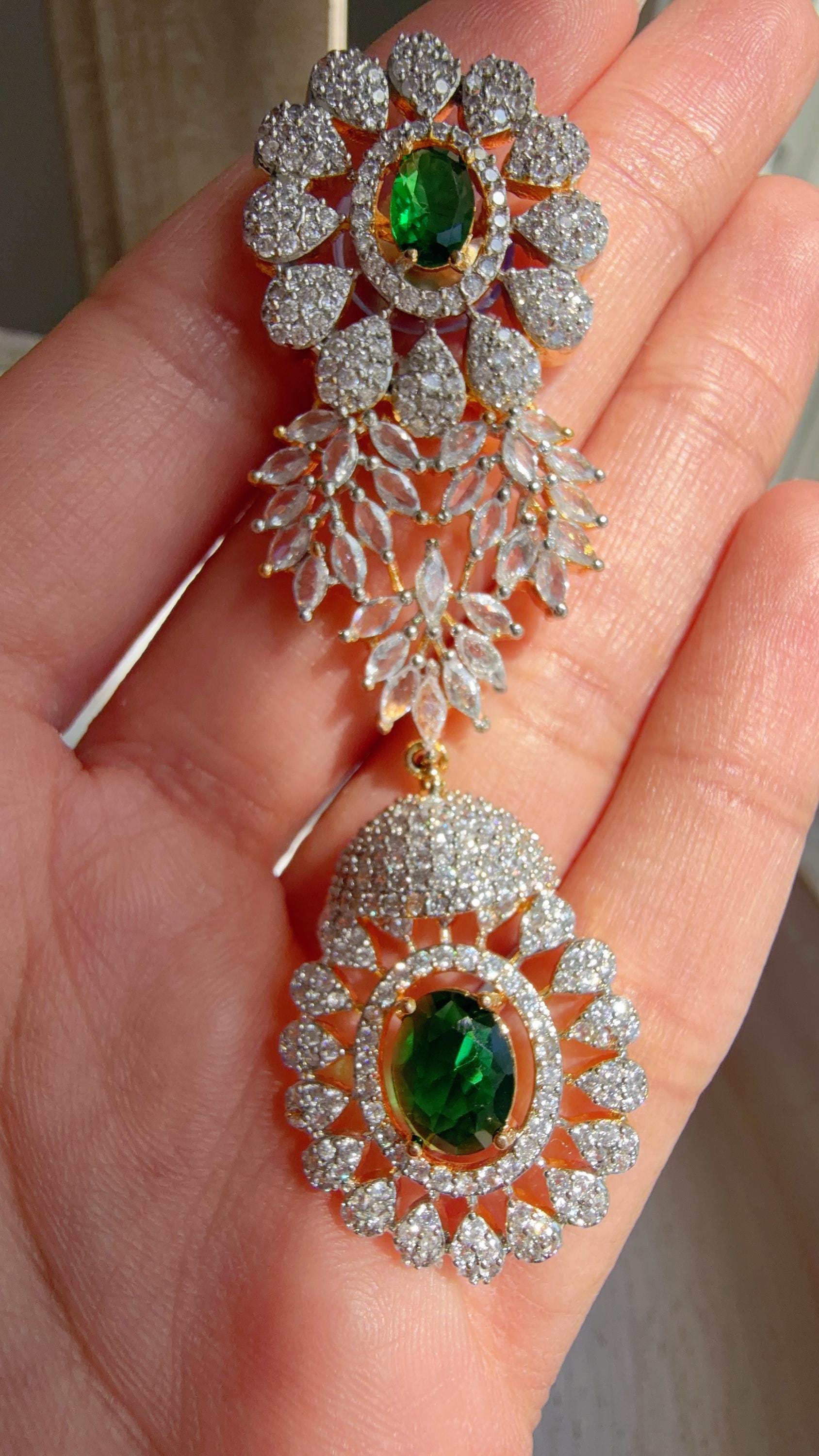 Emerald Green 2 Tone Bridal Necklace Set with Earrings and Maang Tikka | CZ Indian Wedding Jewelry | Statement Necklace - Kajol