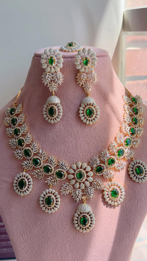 Emerald Green 2 Tone Bridal Necklace Set with Earrings and Maang Tikka | CZ Indian Wedding Jewelry | Statement Necklace - Kajol