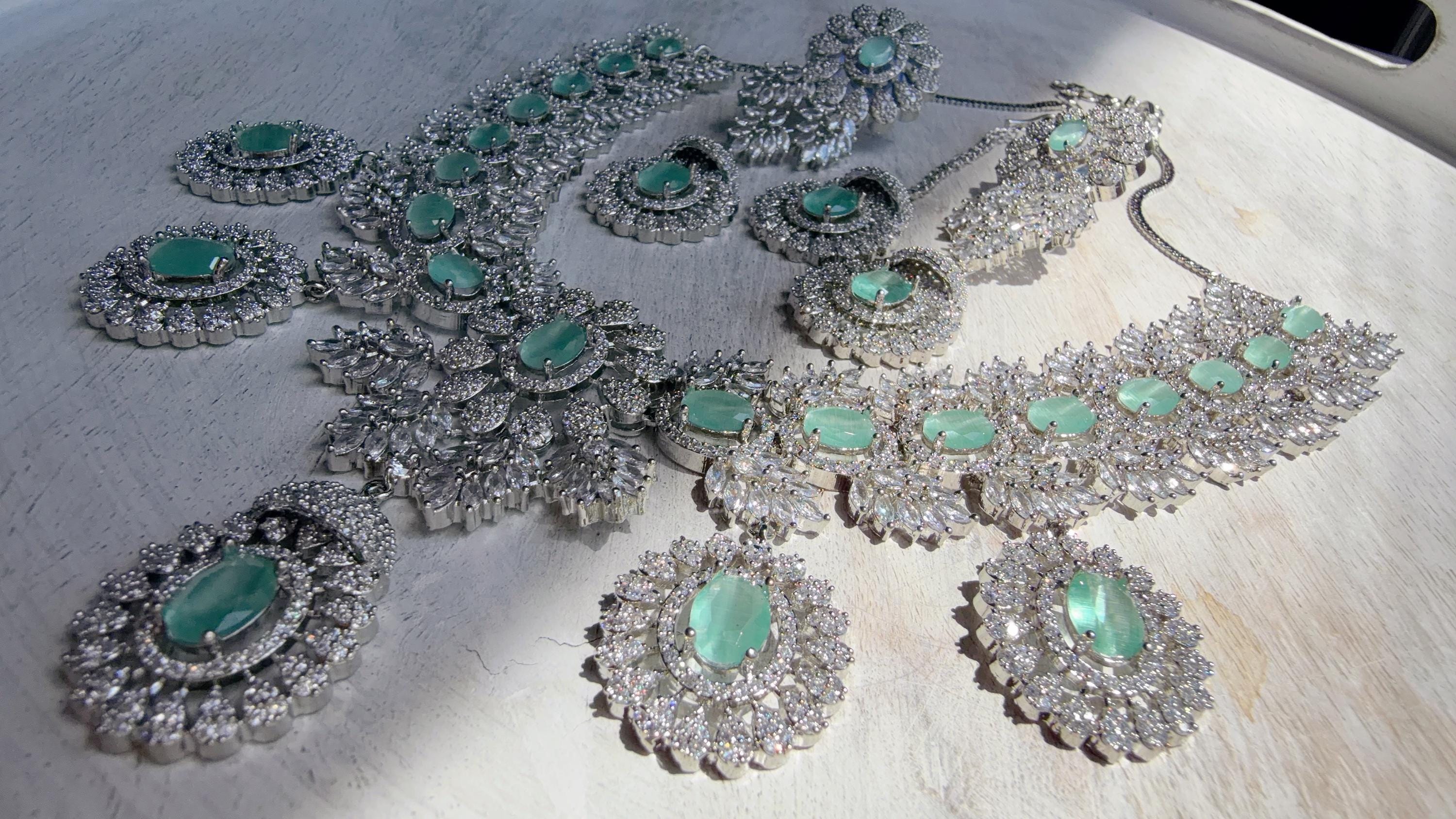 Mint Rhodium Bridal Necklace Set with Earrings and Maang Tikka | CZ Indian Wedding Jewelry | Statement Necklace - Kajol