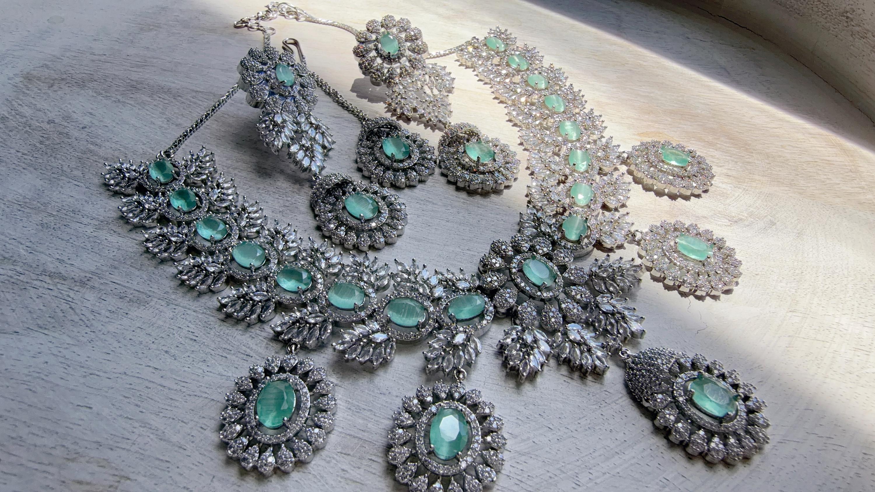 Mint Rhodium Bridal Necklace Set with Earrings and Maang Tikka | CZ Indian Wedding Jewelry | Statement Necklace - Kajol