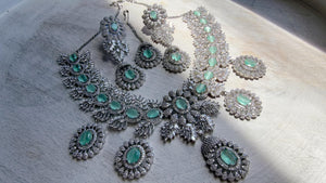 Mint Rhodium Bridal Necklace Set with Earrings and Maang Tikka | CZ Indian Wedding Jewelry | Statement Necklace - Kajol