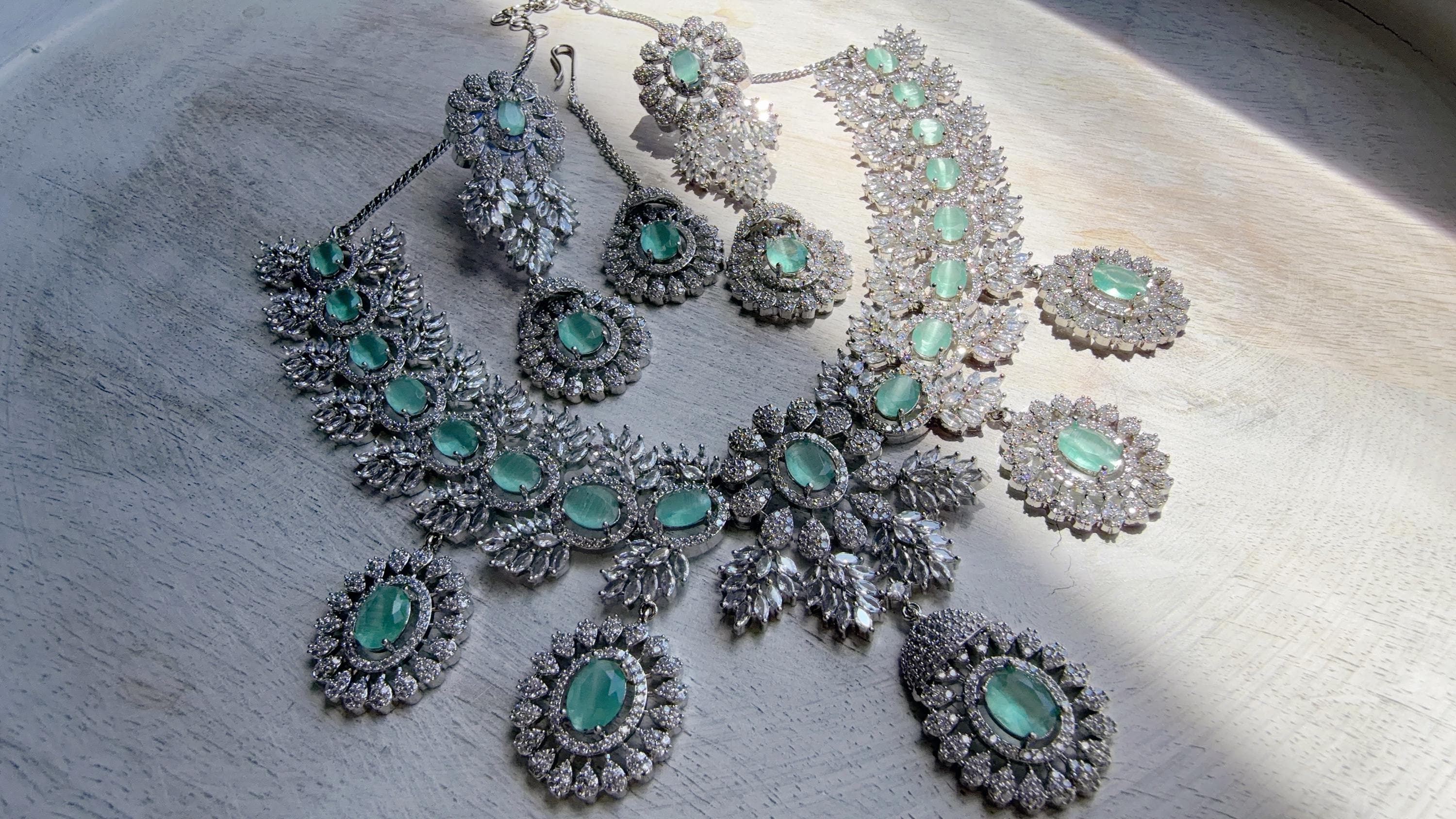 Mint Rhodium Bridal Necklace Set with Earrings and Maang Tikka | CZ Indian Wedding Jewelry | Statement Necklace - Kajol