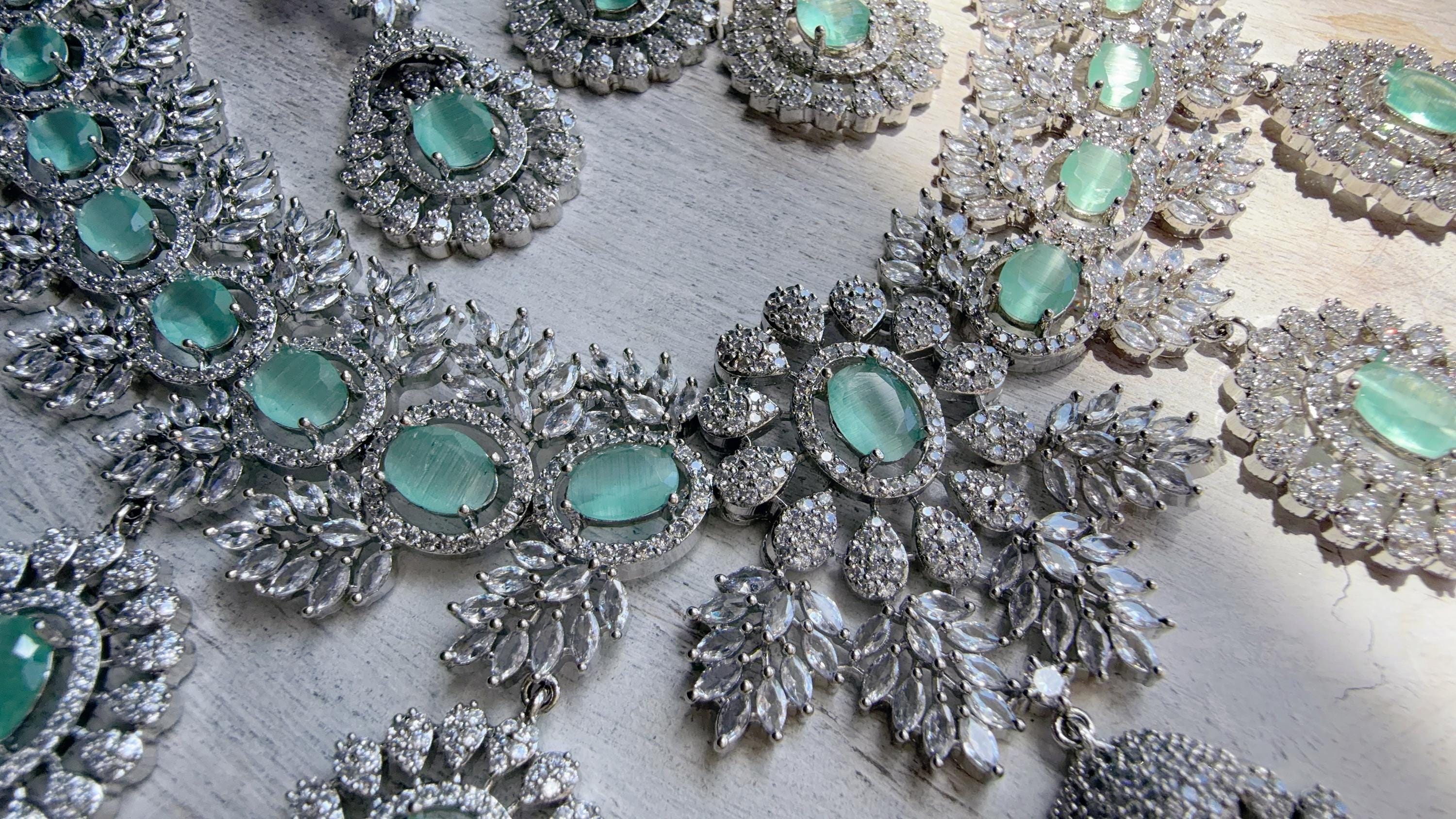 Mint Rhodium Bridal Necklace Set with Earrings and Maang Tikka | CZ Indian Wedding Jewelry | Statement Necklace - Kajol