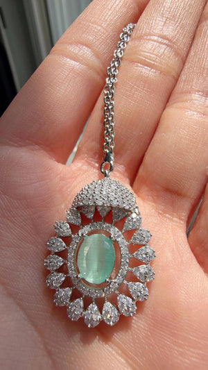 Mint Rhodium Bridal Necklace Set with Earrings and Maang Tikka | CZ Indian Wedding Jewelry | Statement Necklace - Kajol
