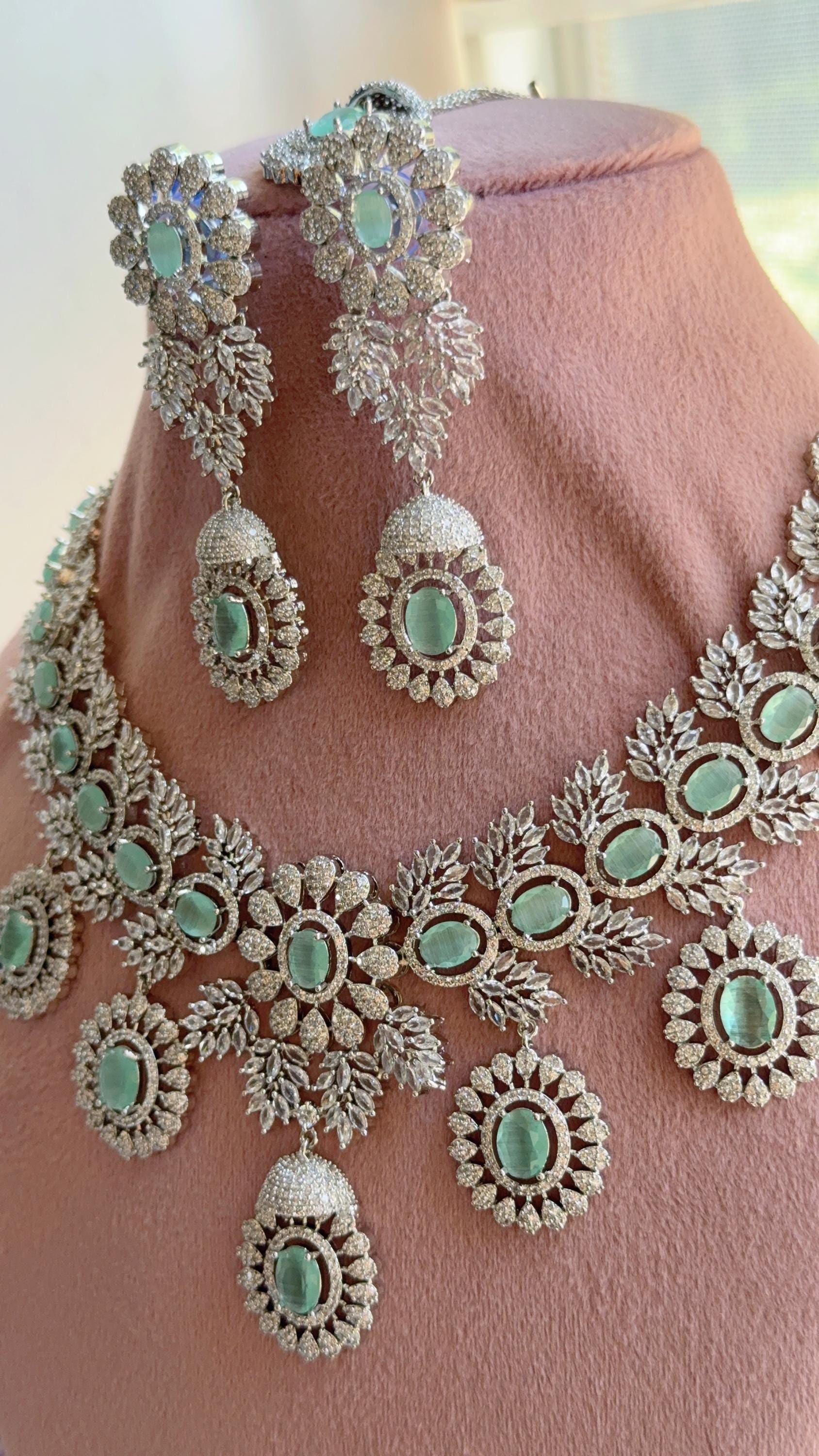 Mint Rhodium Bridal Necklace Set with Earrings and Maang Tikka | CZ Indian Wedding Jewelry | Statement Necklace - Kajol