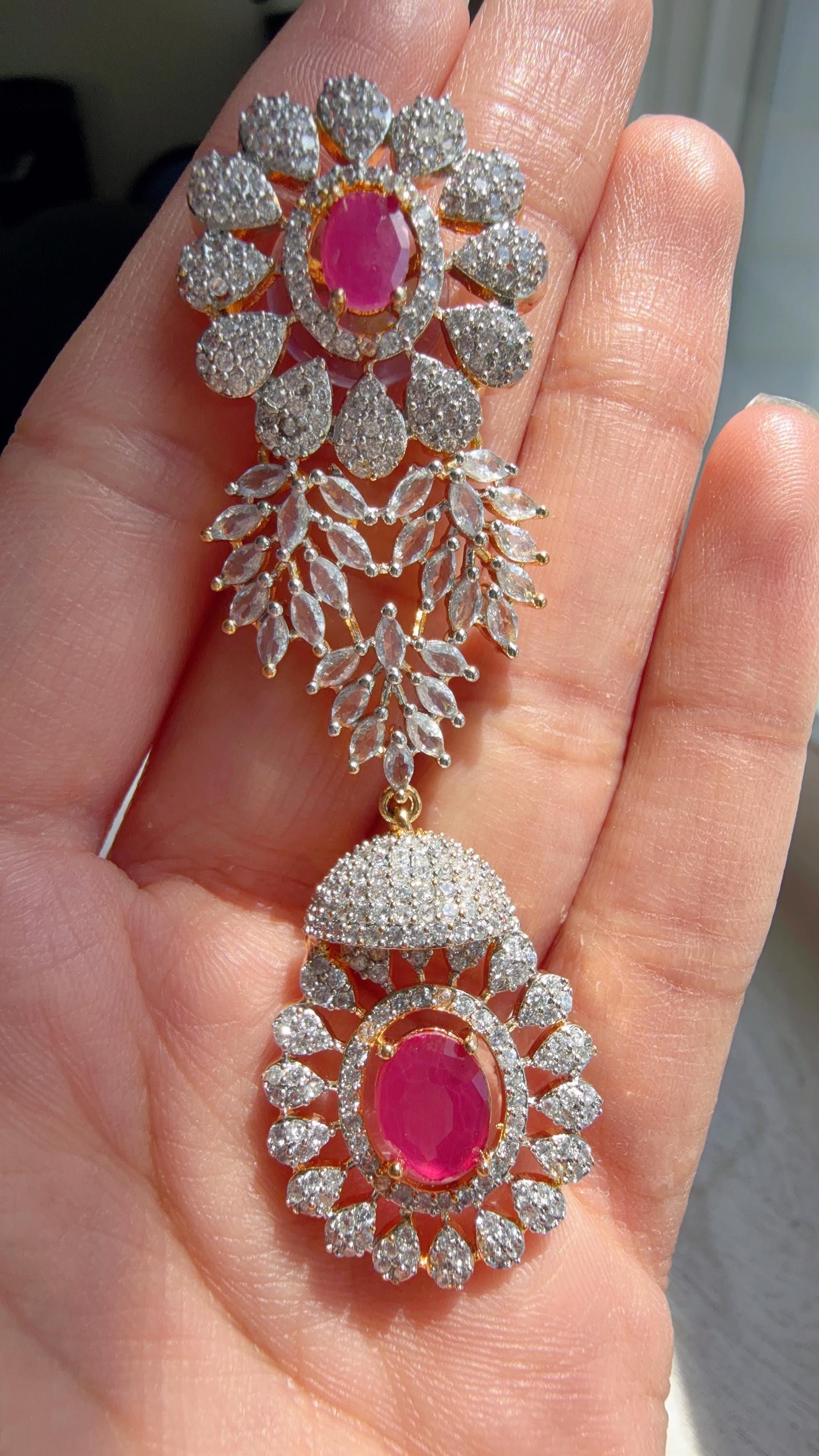 Ruby 2 Tone Bridal Necklace Set with Earrings and Maang Tikka | CZ Indian Wedding Jewelry | Statement Necklace - Kajol