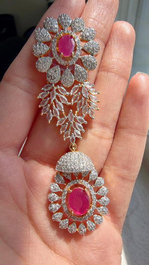 Ruby 2 Tone Bridal Necklace Set with Earrings and Maang Tikka | CZ Indian Wedding Jewelry | Statement Necklace - Kajol