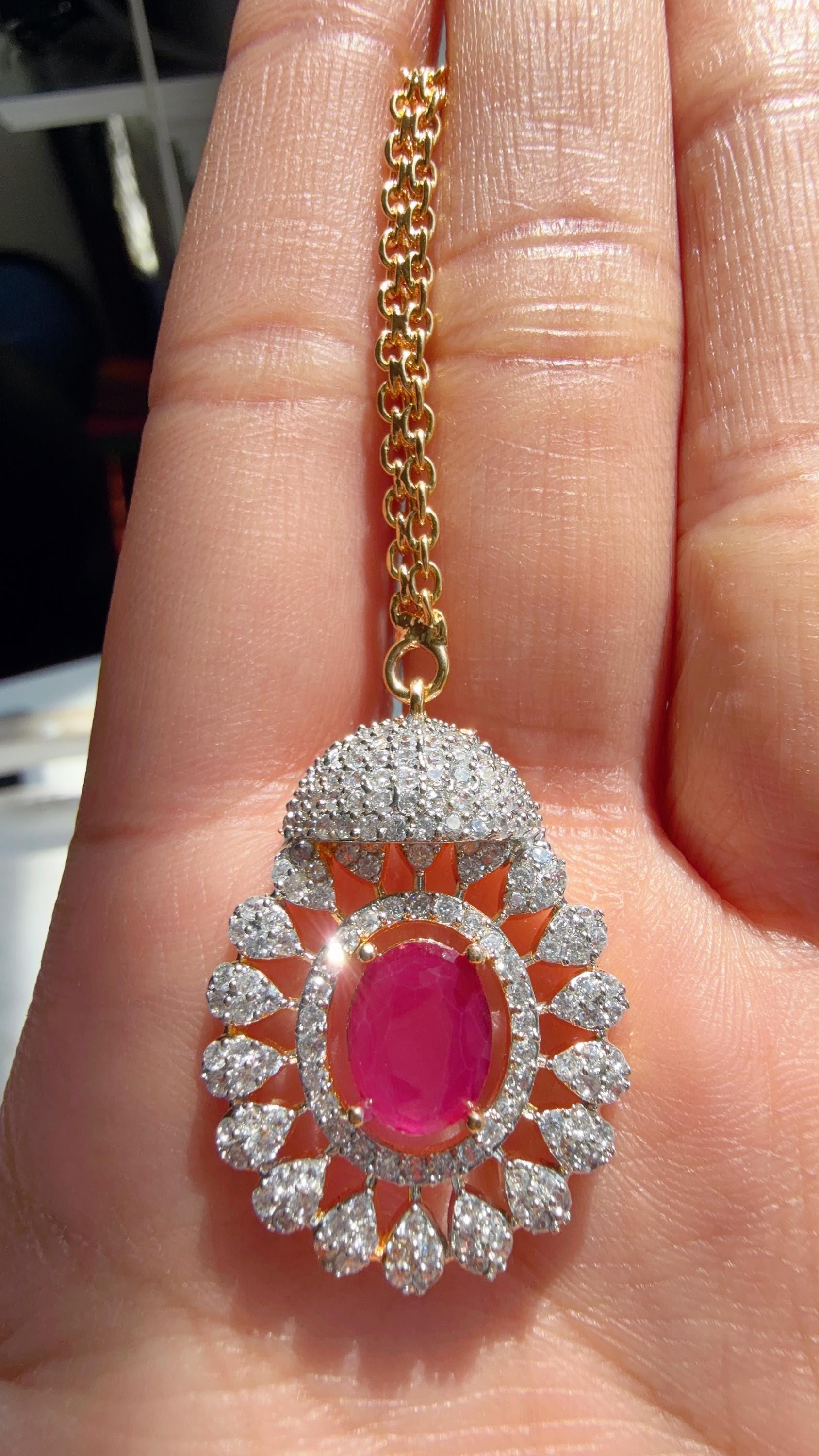 Ruby 2 Tone Bridal Necklace Set with Earrings and Maang Tikka | CZ Indian Wedding Jewelry | Statement Necklace - Kajol