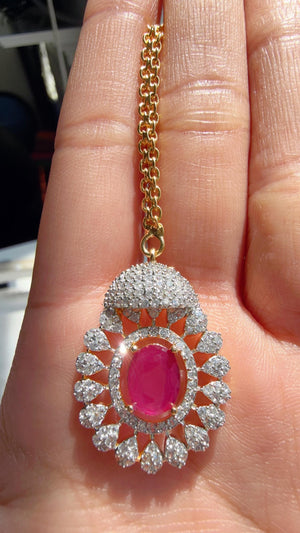 Ruby 2 Tone Bridal Necklace Set with Earrings and Maang Tikka | CZ Indian Wedding Jewelry | Statement Necklace - Kajol