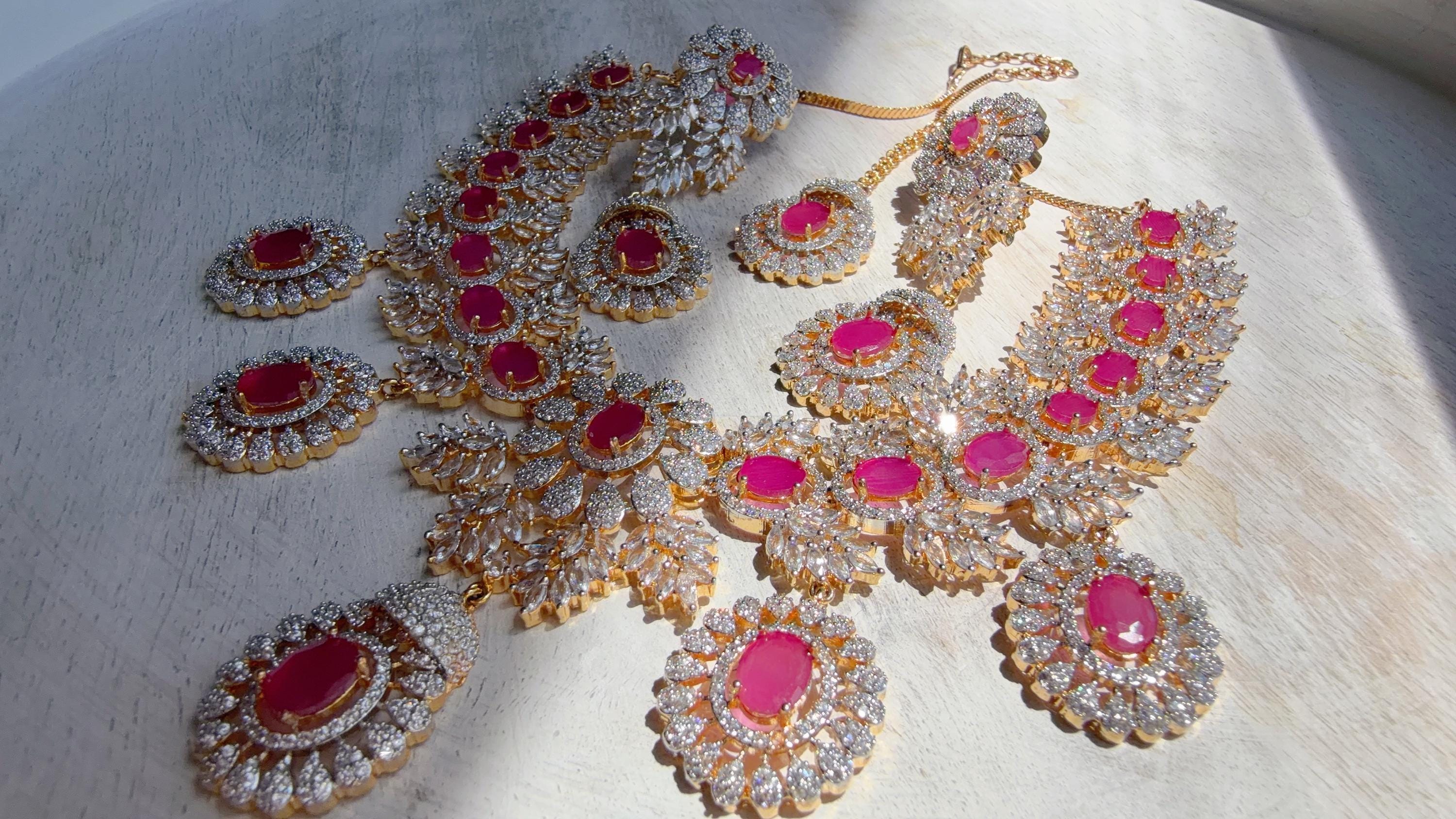Ruby 2 Tone Bridal Necklace Set with Earrings and Maang Tikka | CZ Indian Wedding Jewelry | Statement Necklace - Kajol