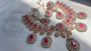 Ruby 2 Tone Bridal Necklace Set with Earrings and Maang Tikka | CZ Indian Wedding Jewelry | Statement Necklace - Kajol
