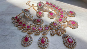 Ruby 2 Tone Bridal Necklace Set with Earrings and Maang Tikka | CZ Indian Wedding Jewelry | Statement Necklace - Kajol