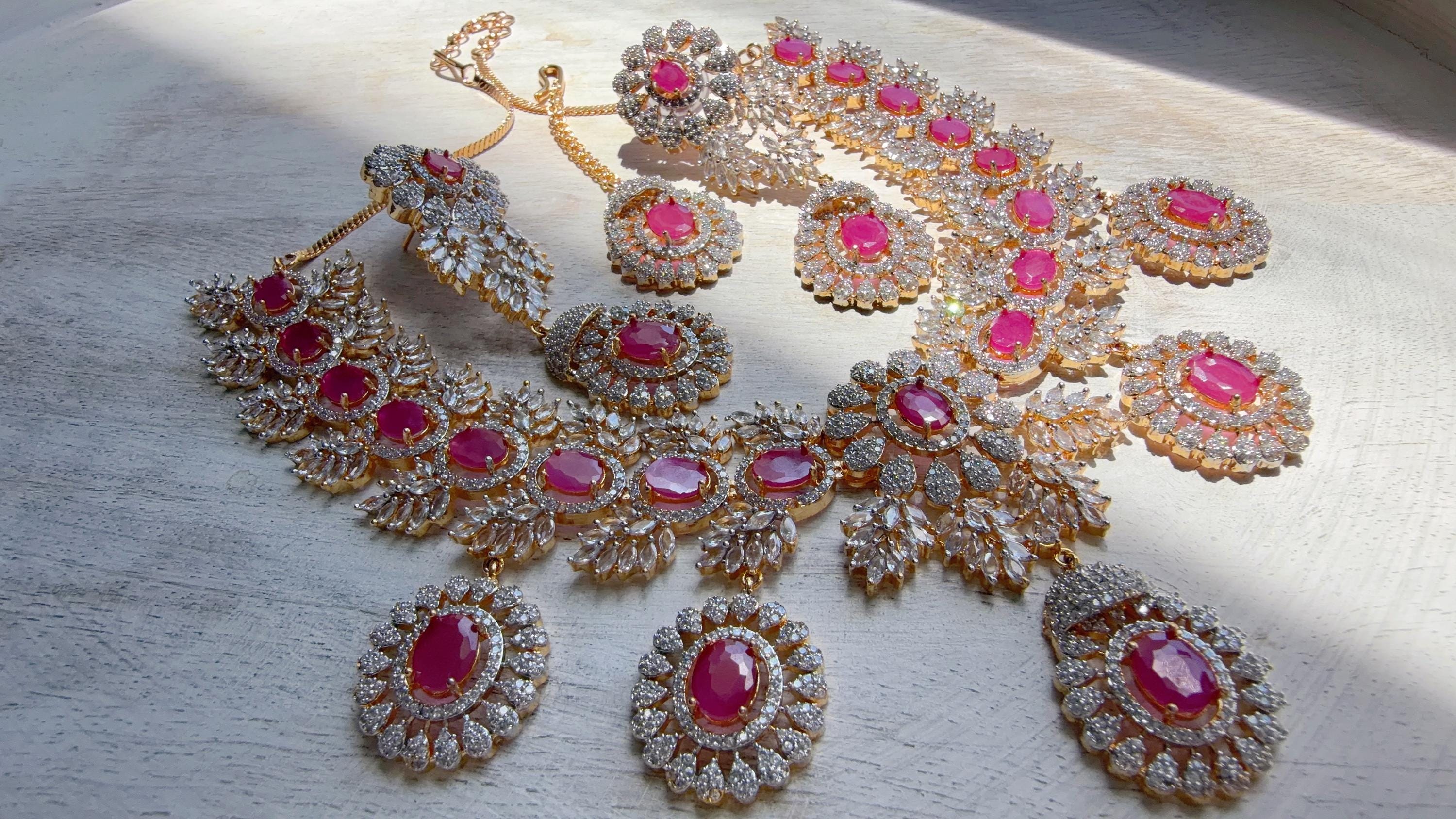 Ruby 2 Tone Bridal Necklace Set with Earrings and Maang Tikka | CZ Indian Wedding Jewelry | Statement Necklace - Kajol