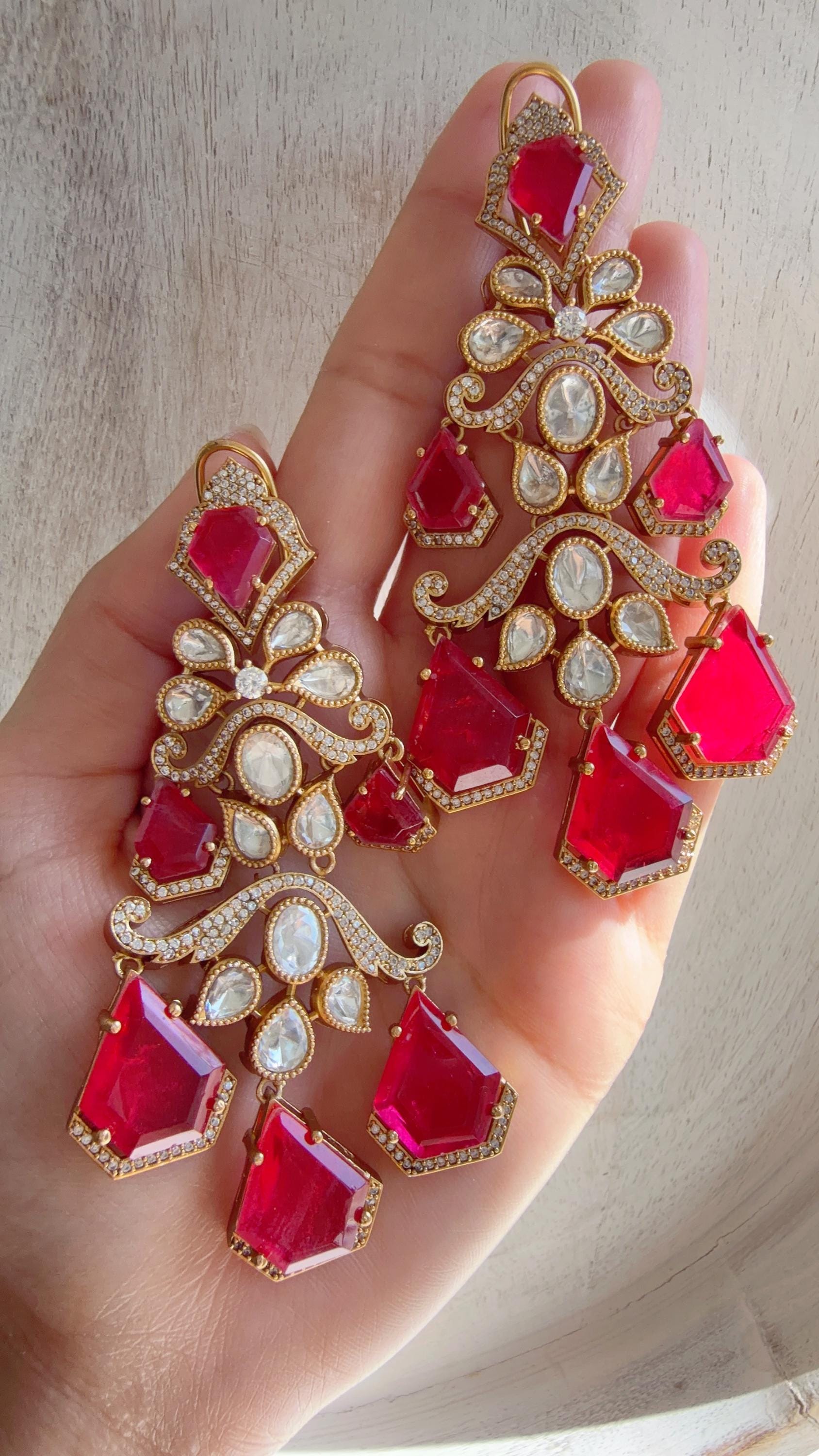 Statement Moissanite Ruby doublet Earrings/Elegant Long Drop Large Earrings |/kundan Earrings/Sia Bridal Diamond earrings