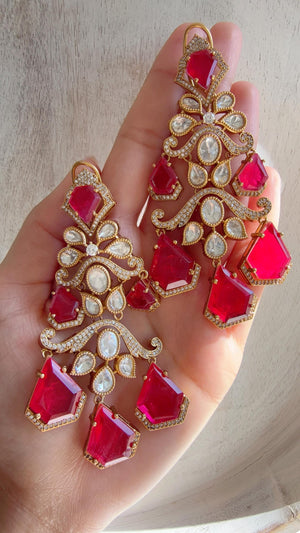 Statement Moissanite Ruby doublet Earrings/Elegant Long Drop Large Earrings |/kundan Earrings/Sia Bridal Diamond earrings