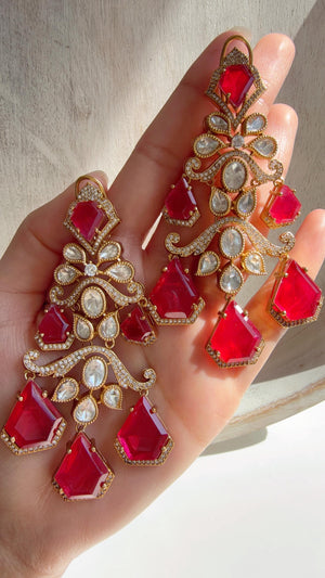 Statement Moissanite Ruby doublet Earrings/Elegant Long Drop Large Earrings |/kundan Earrings/Sia Bridal Diamond earrings