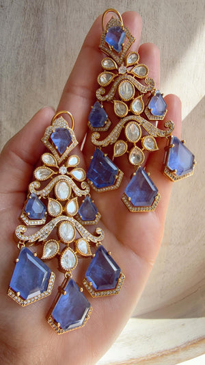 Statement Moissanite Blue doublet Earrings/Elegant Long Drop Large Earrings |/kundan Earrings/Sia Bridal Diamond earrings