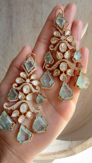 Statement Moissanite Mint doublet Earrings/Elegant Long Drop Large Earrings |/kundan Earrings/Sia Bridal Diamond earrings