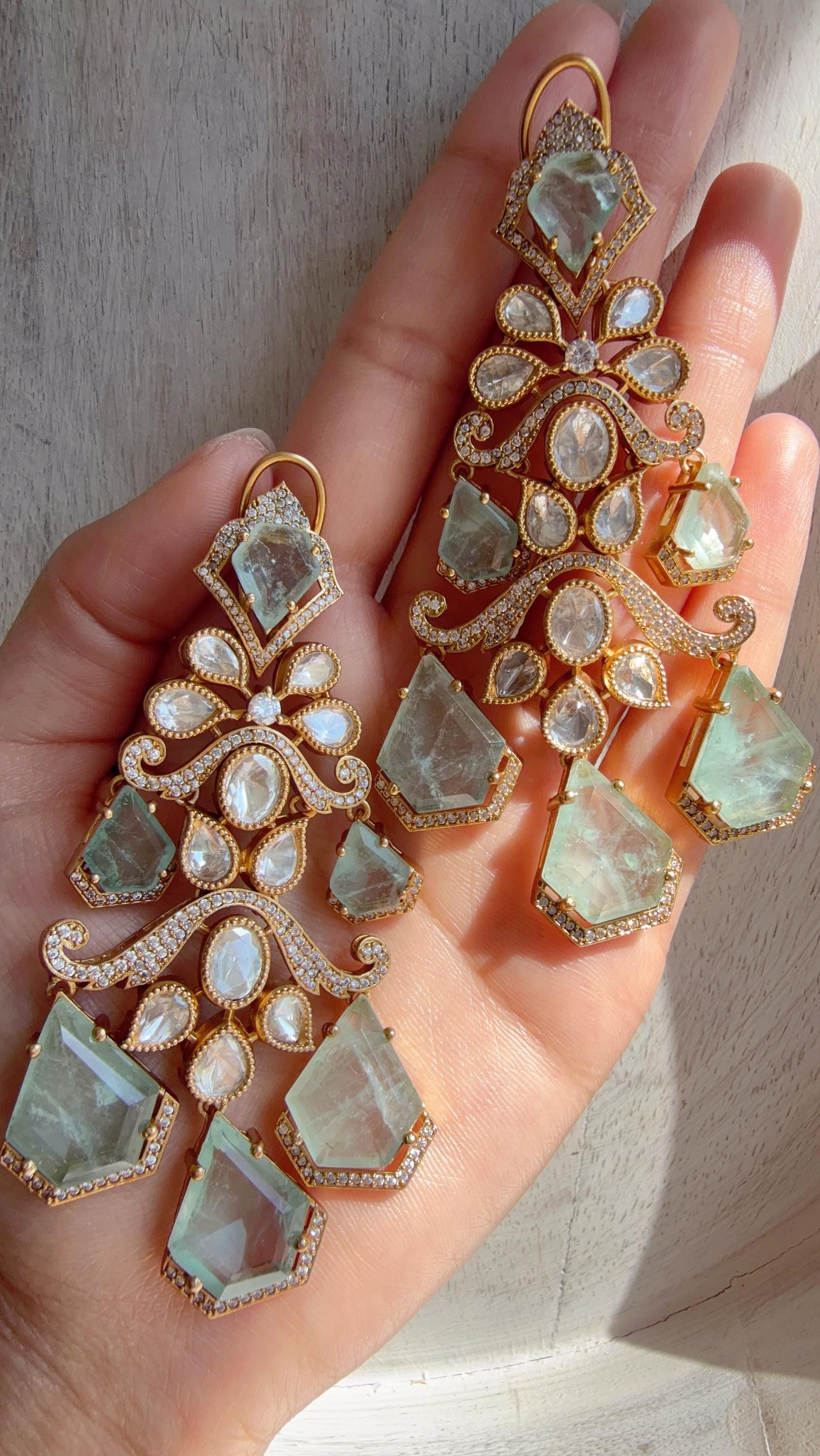Statement Moissanite Mint doublet Earrings/Elegant Long Drop Large Earrings |/kundan Earrings/Sia Bridal Diamond earrings