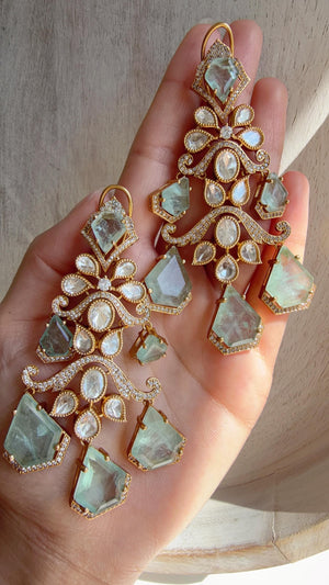 Statement Moissanite Mint doublet Earrings/Elegant Long Drop Large Earrings |/kundan Earrings/Sia Bridal Diamond earrings