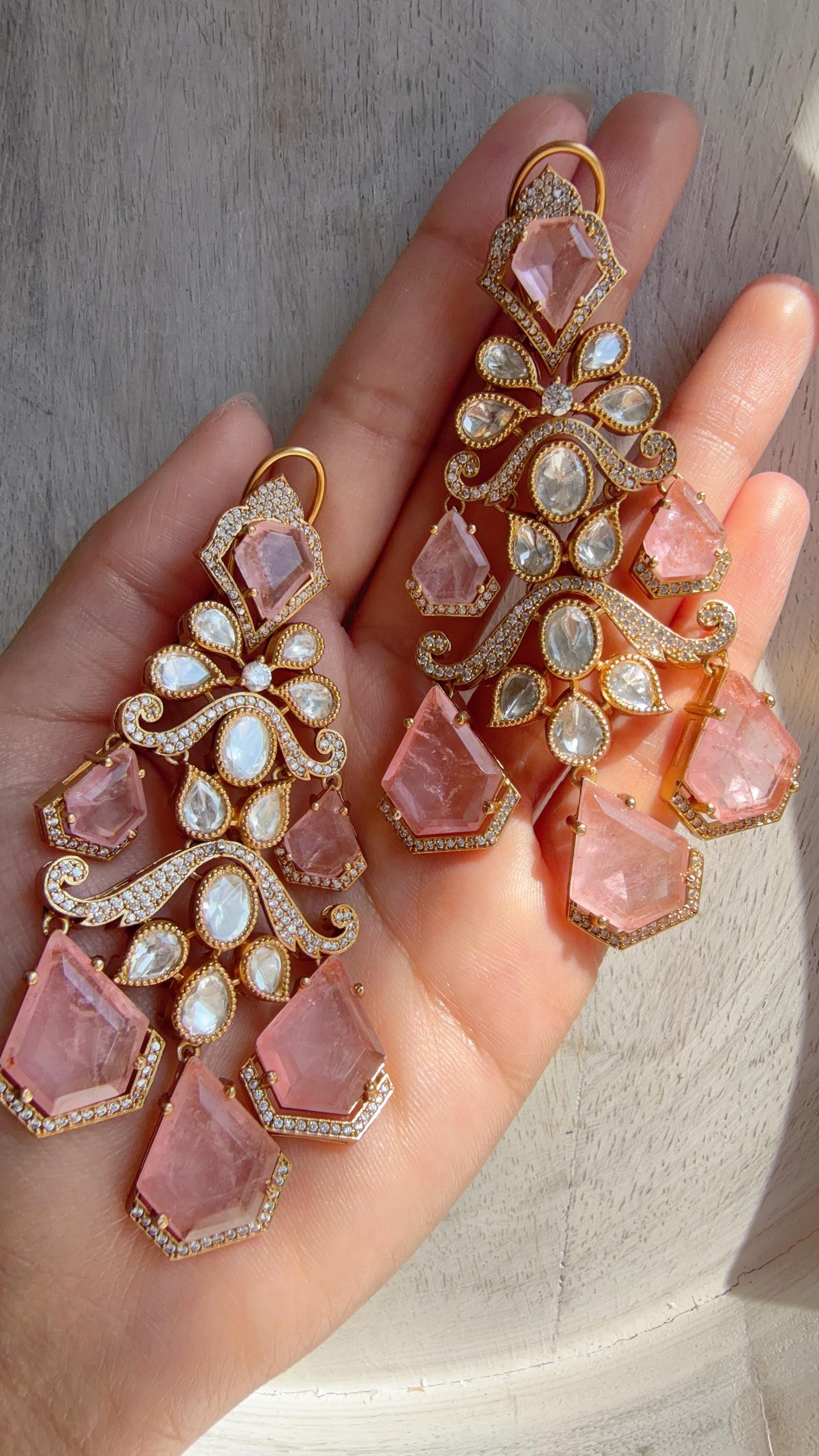 Statement Moissanite Baby Pink doublet Earrings/Elegant Long Drop Large Earrings |/kundan Earrings/Sia Bridal Diamond earrings