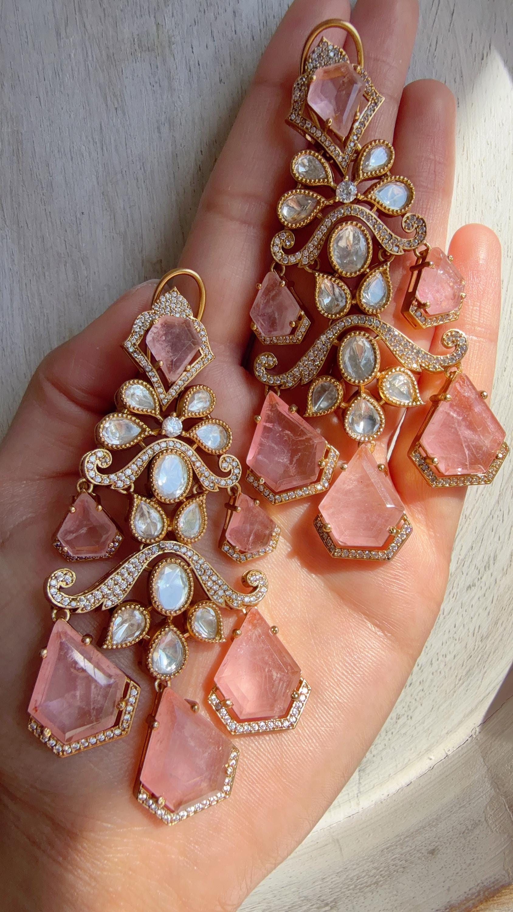 Statement Moissanite Baby Pink doublet Earrings/Elegant Long Drop Large Earrings |/kundan Earrings/Sia Bridal Diamond earrings