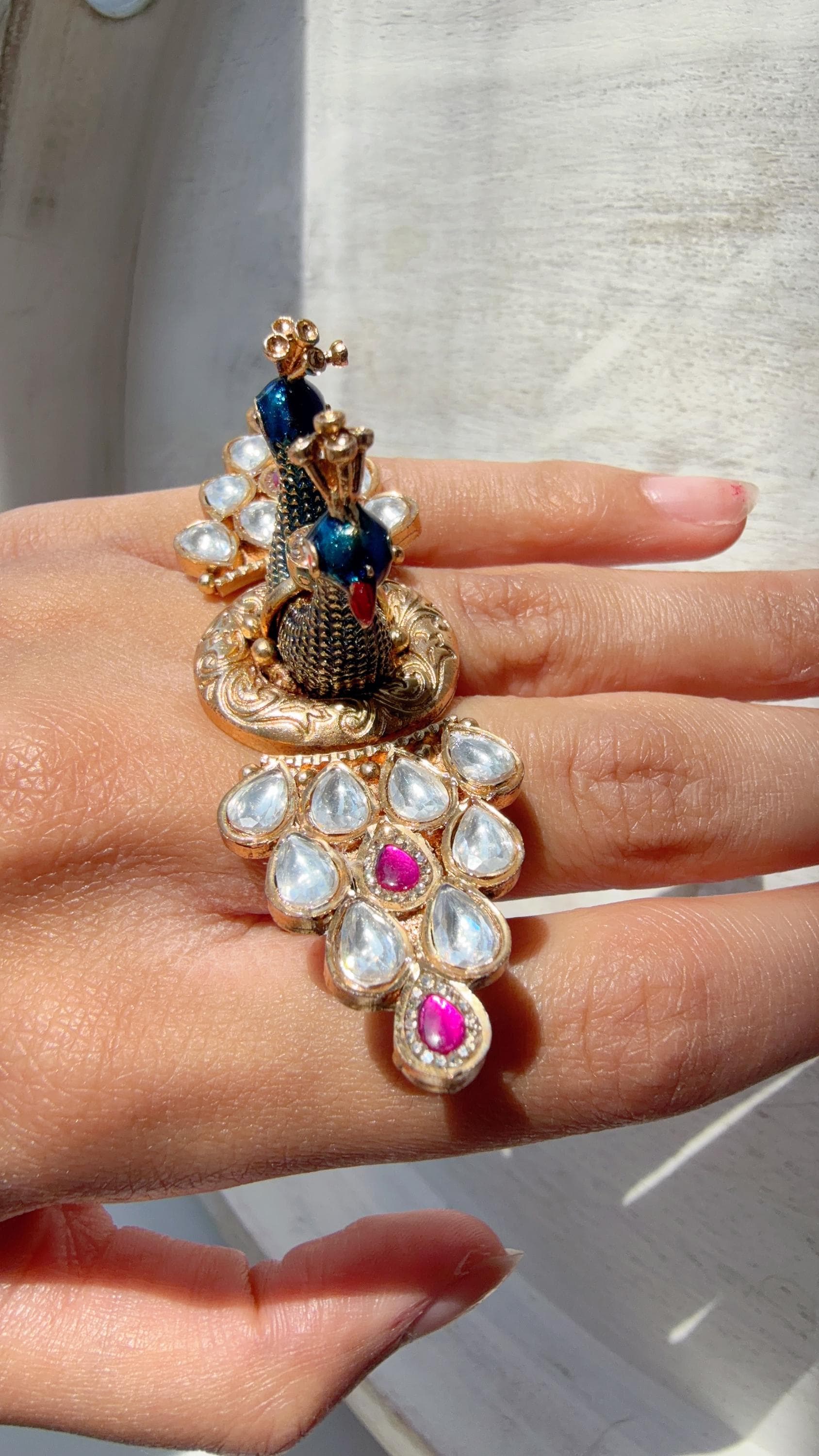 Navratan Bridal Kundan Moissanite kundan Ring/ Contemporary 2 peacocks Diamond Navratna Gold Ring/Moissanite Ring/diamond bridal Ring